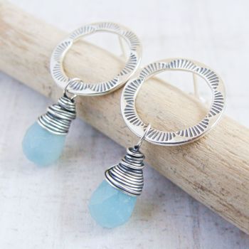 Sunbeam Hand Stamped Sterling Silver Circle Stud Earrings with Amazonite Teardrops