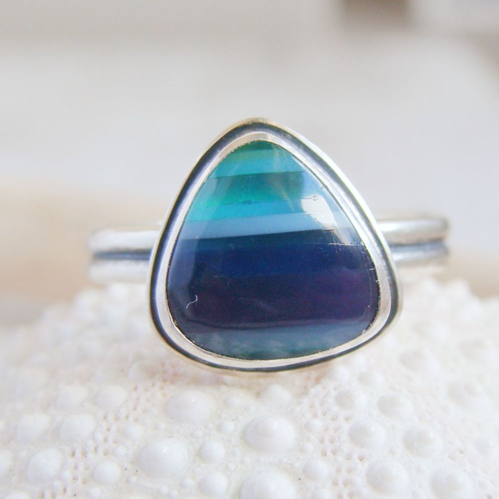 Recycled Sterling Silver Double Band Blue Surfite Pebble Ring No.4 Size O 1