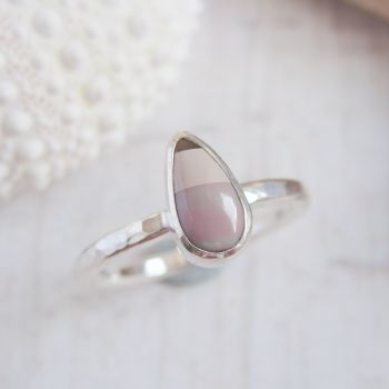 Hammered Recycled Sterling Silver Lilac Surfite Teardrop Ring Size K