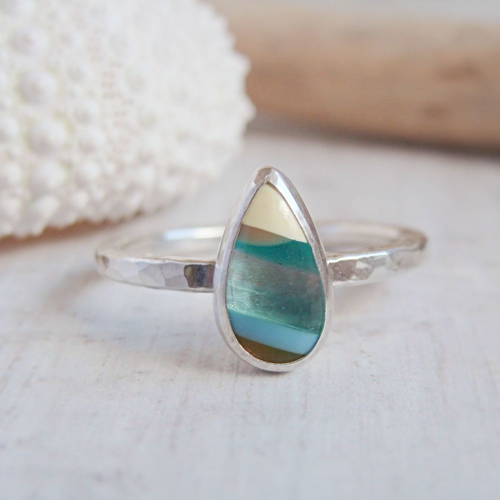 Hammered Recycled Sterling Silver Multicoloured Surfite Teardrop Ring Size 