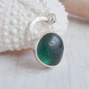 Very Dark Green Seaham Sea Glass Pebble Pendant Necklace in Sterling Silver