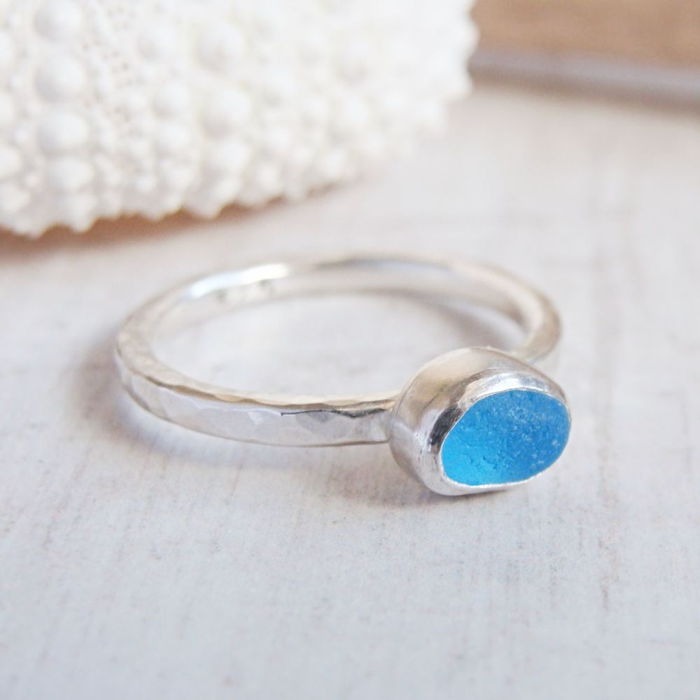 Bright Blue Sea Glass Sterling Silver Stacking Ring Size L 1/2
