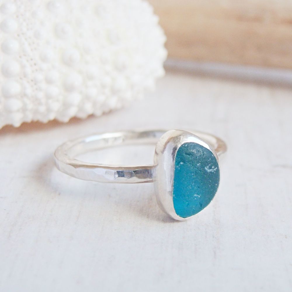 Teal Sea Glass Sterling Silver Stacking Ring Size O