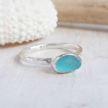 Bright Aqua Blue Sea Glass Sterling Silver Stacking Ring Size P