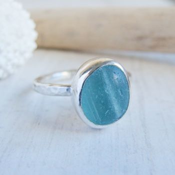Sterling Silver Aqua Blue Seaham Sea Glass Stacking Ring No.7 (Size L 1/2)