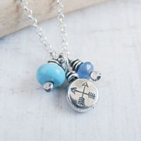 Recycled Sterling Silver Crossed Arrow Stamped Pebble Cluster Charm Necklace with Turquoise & Kyanite