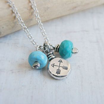 Recycled Sterling Silver Crossed Arrow Stamped Pebble Cluster Charm Necklace with Turquoise