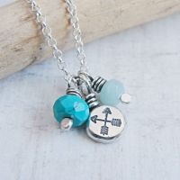 Recycled Sterling Silver Crossed Arrow Stamped Pebble Cluster Charm Necklace with Turquoise and Amazonite