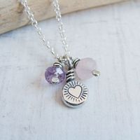 Recycled Sterling Silver Heart Stamped Pebble Cluster Charm Necklace with Rose Quartz and Amethyst
