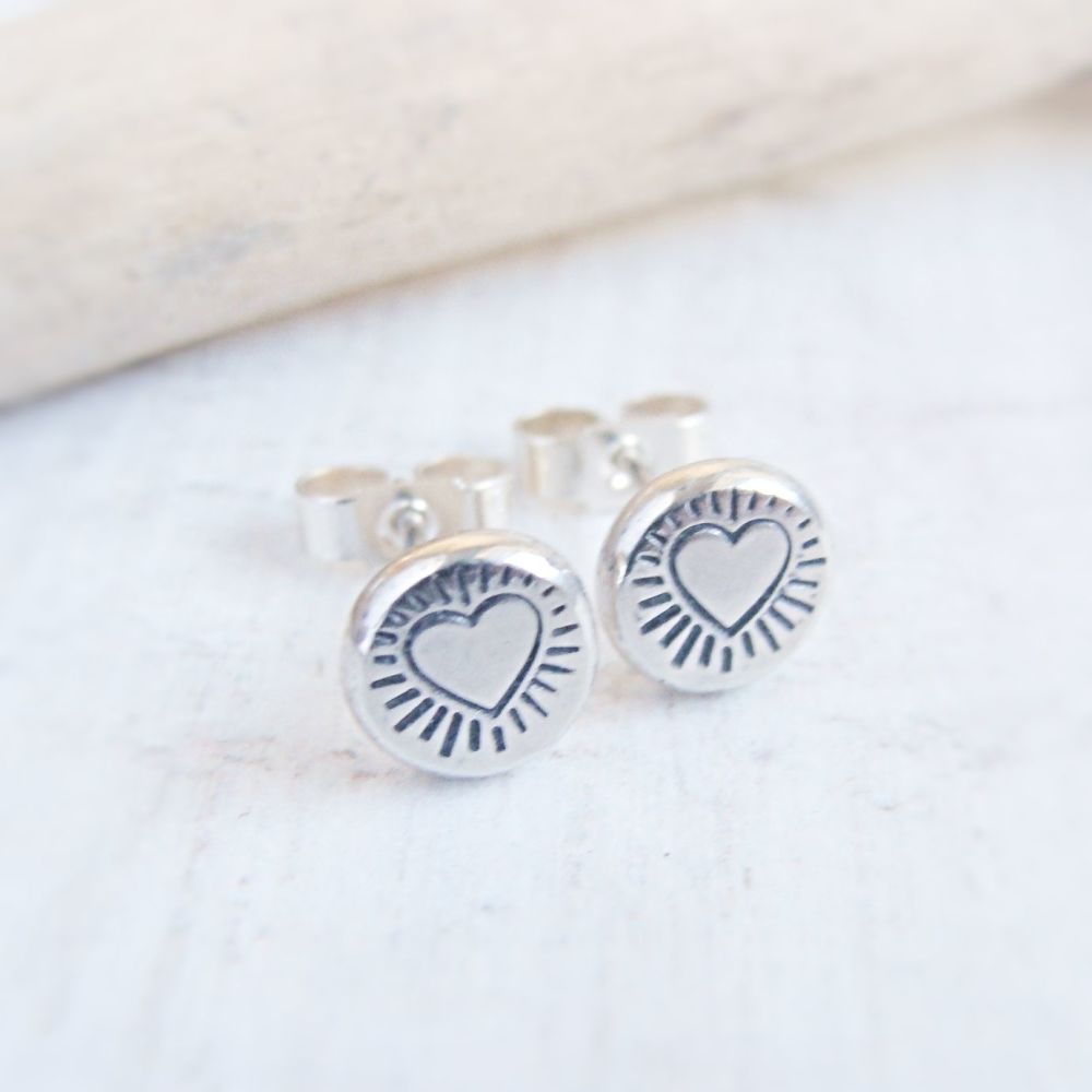 Recycled Sterling Silver Heart Stamped Pebble Stud Earrings