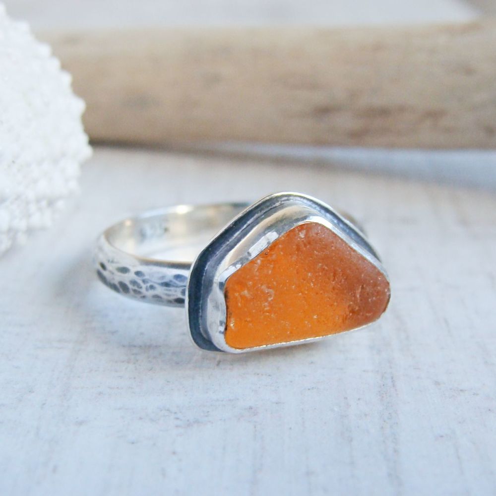 Bright Orange Seaham Sea Glass Sterling Silver Ring No.1