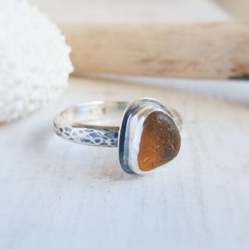 Dark Amber Seaham Sea Glass Sterling Silver Ring No.3