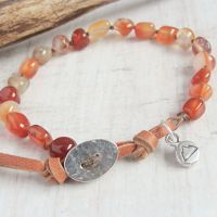 Knotted Red Agate & Silver Mountain Pebble Charm Bracelet with Deerskin Leather Clasp