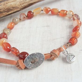 Knotted Red Agate & Silver Mountain Pebble Charm Bracelet with Deerskin Leather Clasp