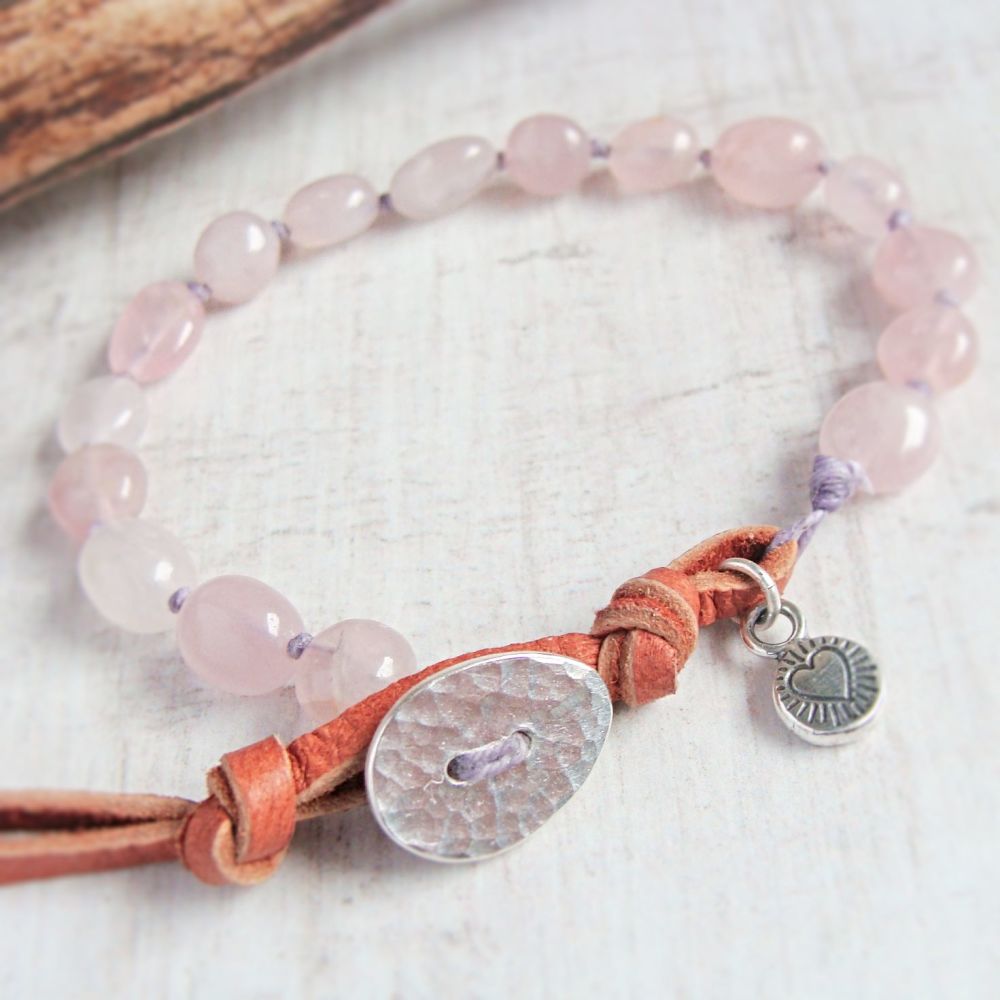 Knotted Rose Quartz & Silver Heart Pebble Charm Bracelet with Deerskin Leather Clasp