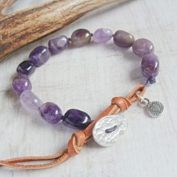 Knotted Amethyst & Silver Heart Pebble Charm Bracelet with Deerskin Leather Clasp