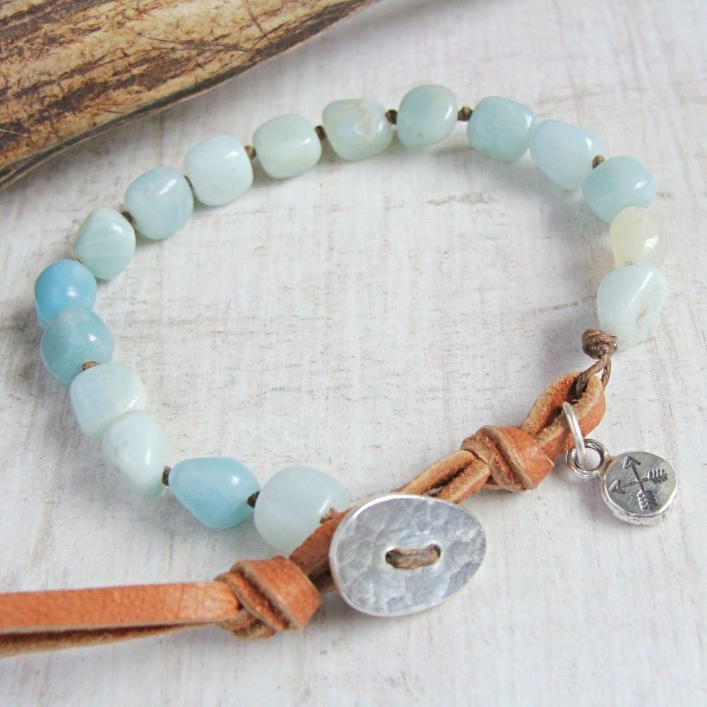 Knotted Amazonite & Silver Heart Pebble Charm Bracelet with Deerskin Leathe