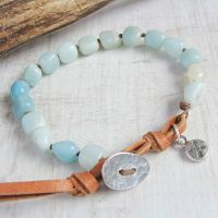 Knotted Amazonite & Silver Crossed Arrow Pebble Charm Bracelet with Deerskin Leather Clasp
