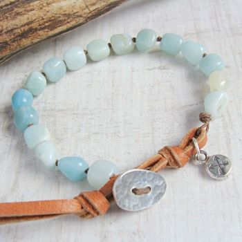 Knotted Amazonite & Silver Crossed Arrow Pebble Charm Bracelet with Deerskin Leather Clasp