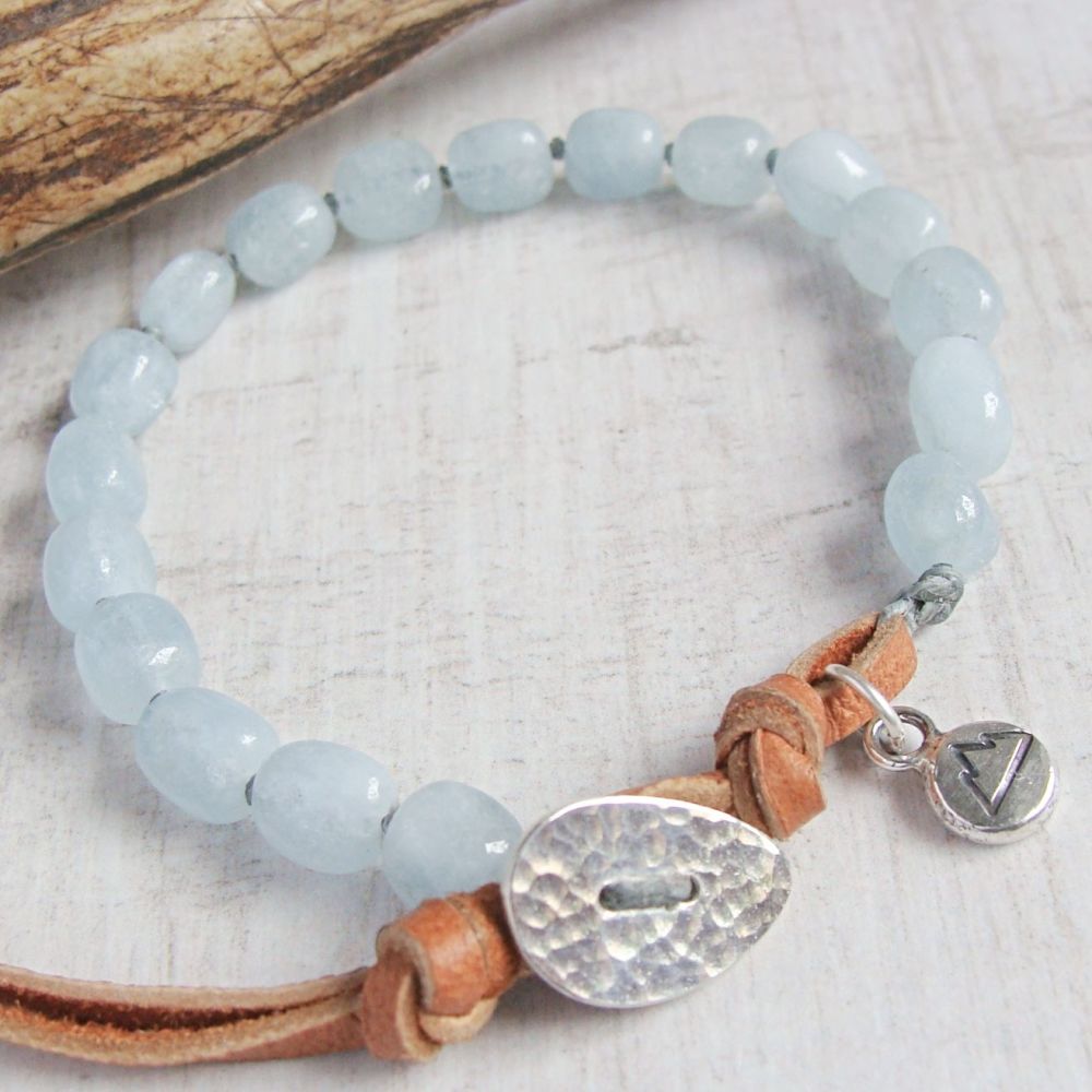 Knotted Aquamarine & Silver Mountain Pebble Charm Bracelet with Deerskin Le