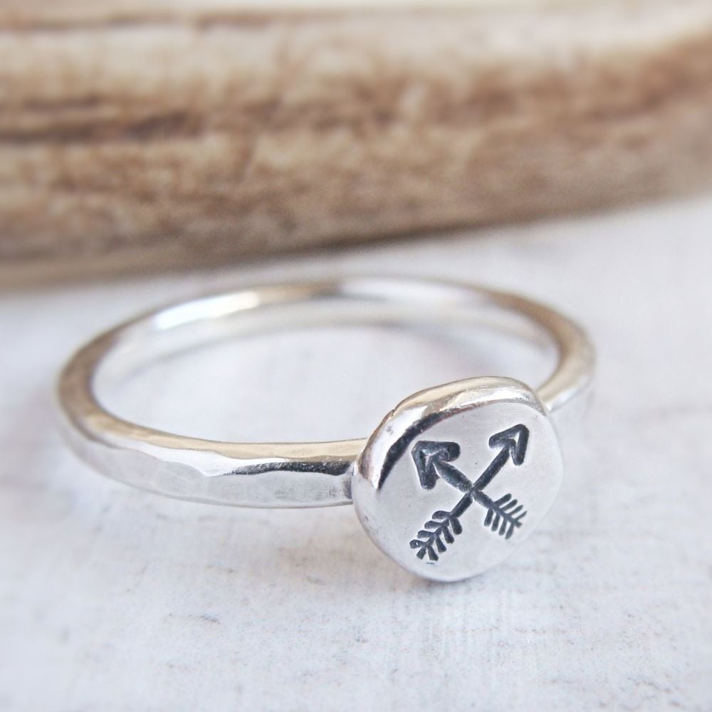 Sterling Silver Stamped Crossed Mountain Pebble Stacking Ring