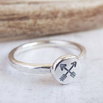 Sterling Silver Stamped Crossed Arrow Pebble Stacking Ring