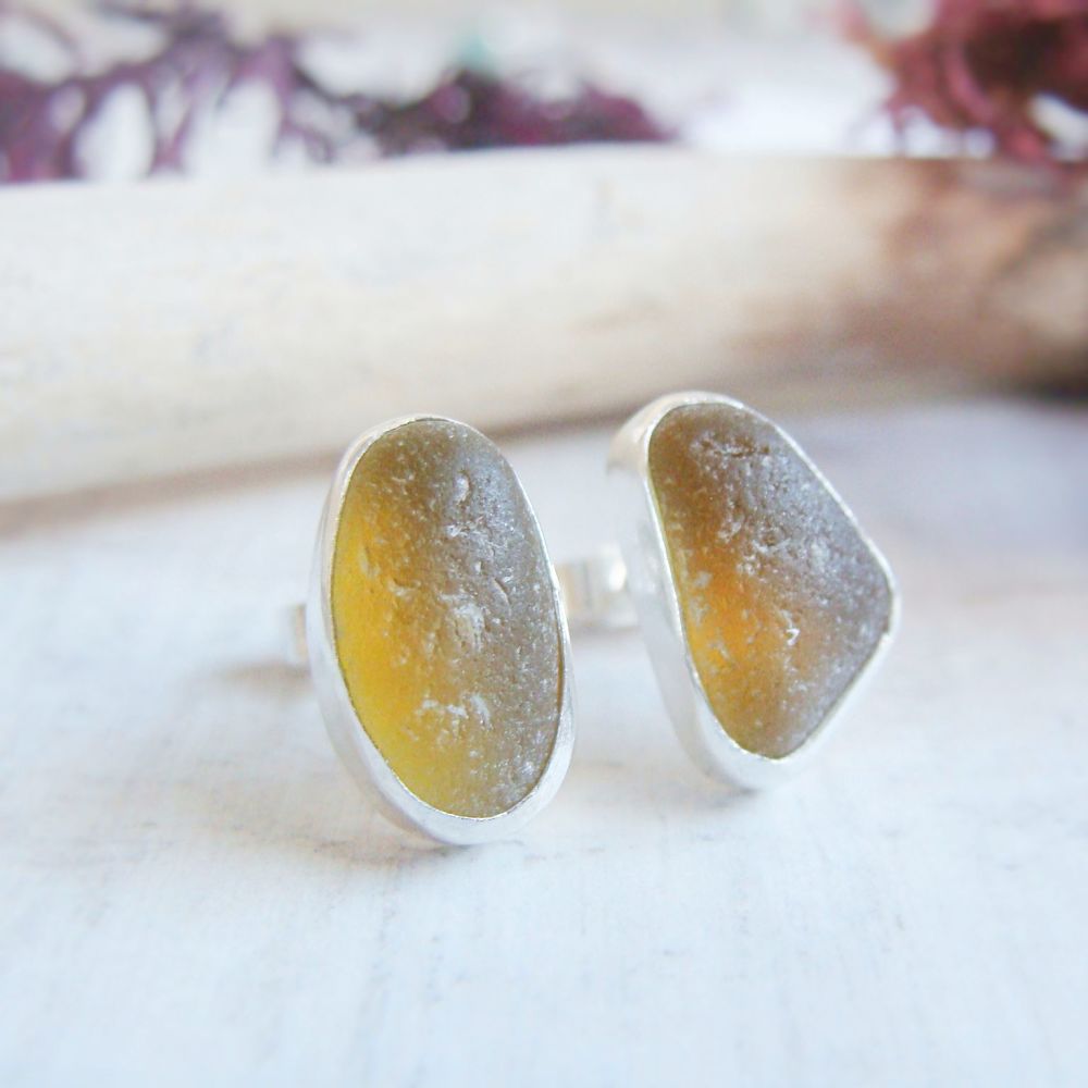 Sterling Silver Rare Yellow Seaham Sea Glass Stud Earrings No.1