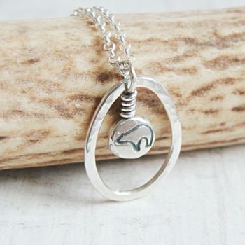 Sterling Silver Bear Pebble Charm in Hammered Loop Pendant Necklace