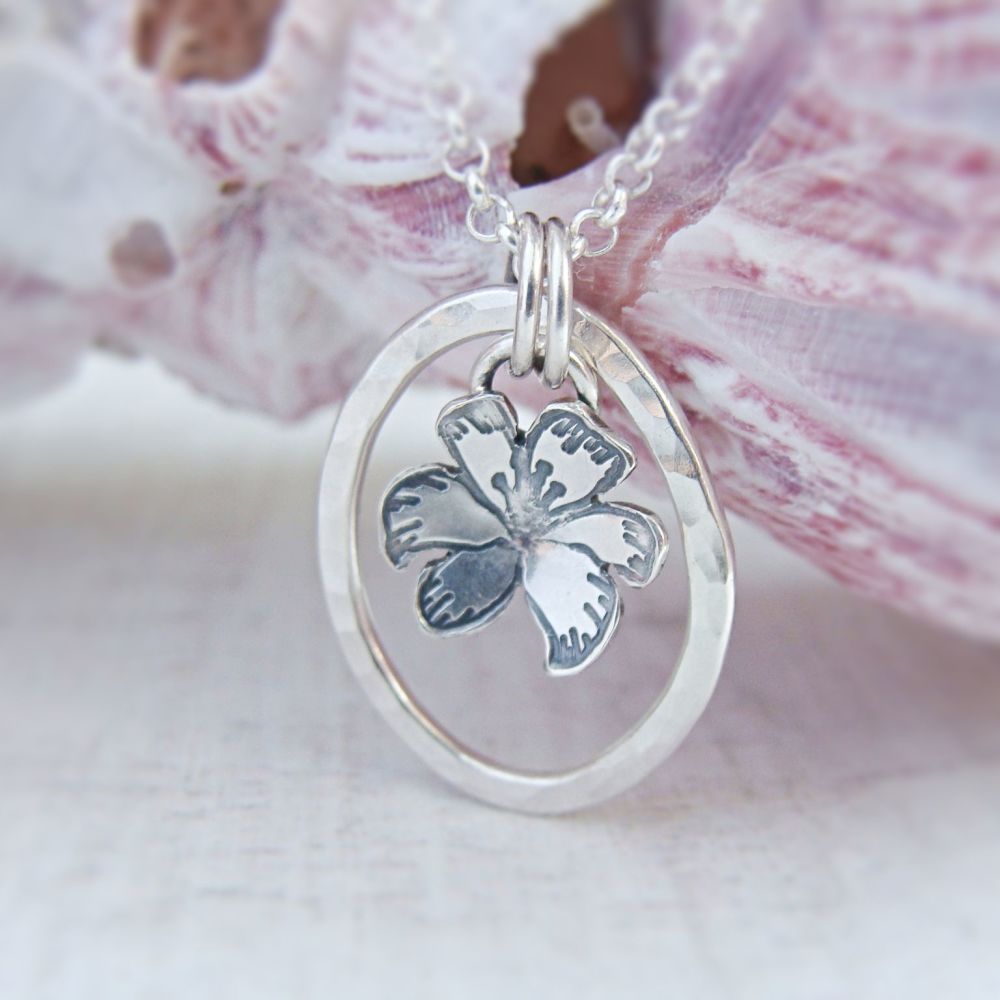 Sterling Silver Hibiscus Charm in Hammered Loop Pendant Necklace