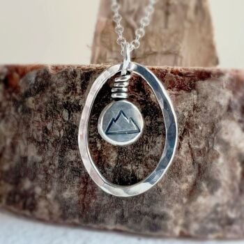 Sterling Silver Mountain Pebble Charm in Hammered Loop Pendant Necklace