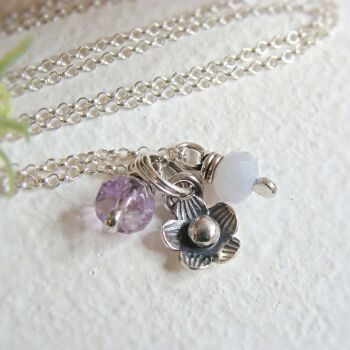 Sterling Silver Flower Charm Necklace with Amethyst & Blue Lace Agate