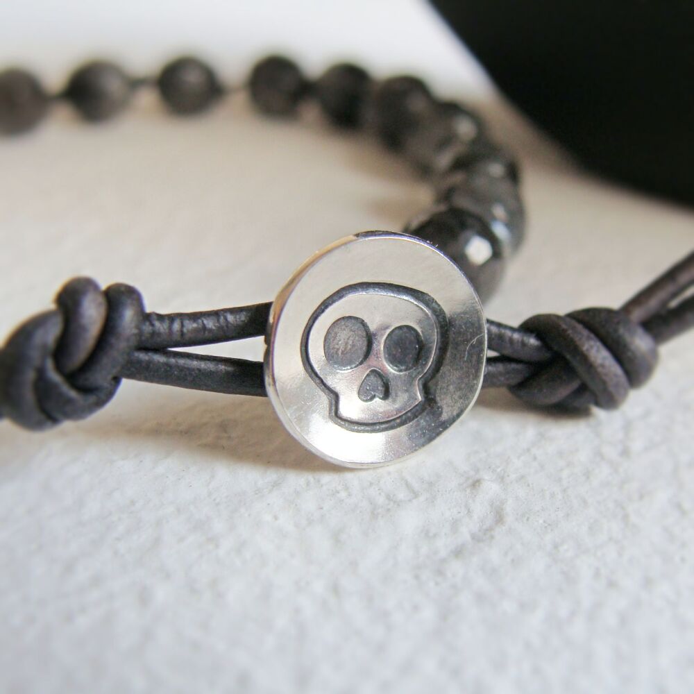 Knotted Larvikite & Silver Skull Button CARPE DIEM Charm Bracelet with Leat