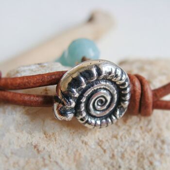 Knotted Amazonite & Silver Ammonite Button Bracelet with Leather Clasp