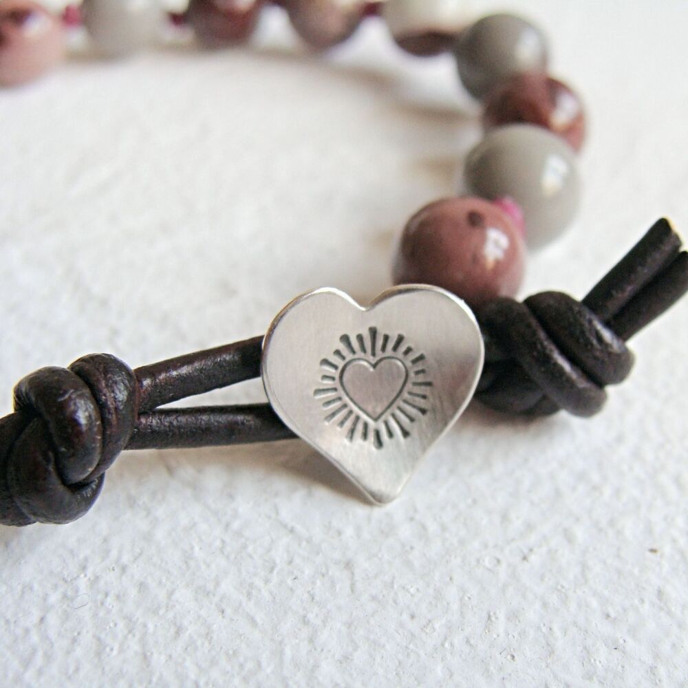 Knotted Red Jasper & Sterling Silver Heart Button Bracelet with Leather Cla