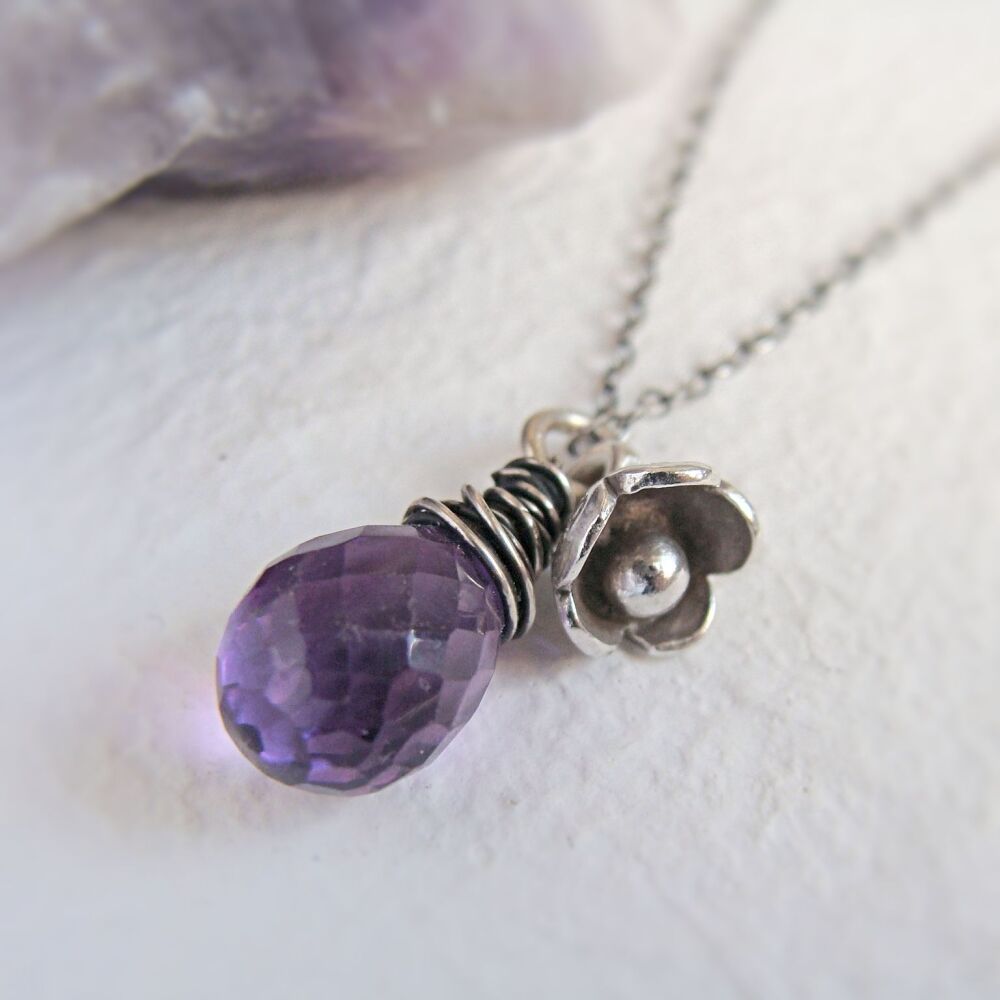 Oxidised Sterling Silver Amethyst Teardrop Necklace with Hilltribe Silver F