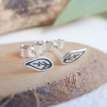 Tiny Leaf Sterling Silver Stamped Stud Earrings