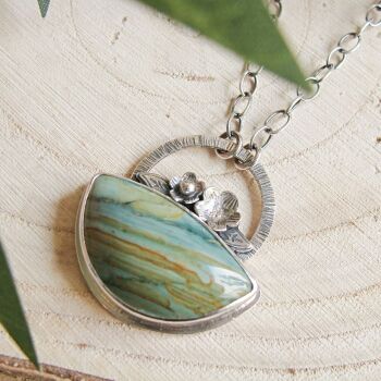 Sterling Silver Semi-Circle Petrified Bogwood, Larsonite, Gary Green Jasper Pendant Necklace with Flowers & Leaves