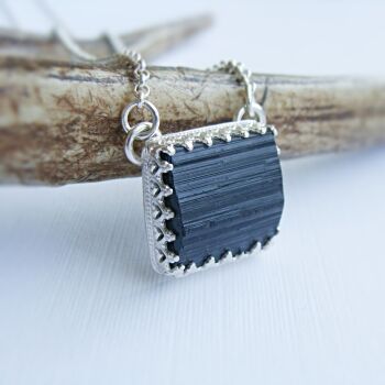 Raw, Black Tourmaline Sterling Silver Square Pendant Necklace
