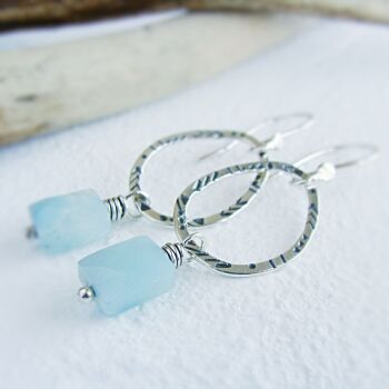 Tribal Stamped Sterling Silver Pebble Hoop Earrings with Amazonite