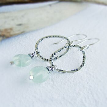 Tribal Stamped Sterling Silver Pebble Hoop Earrings with Prehnite Rounds