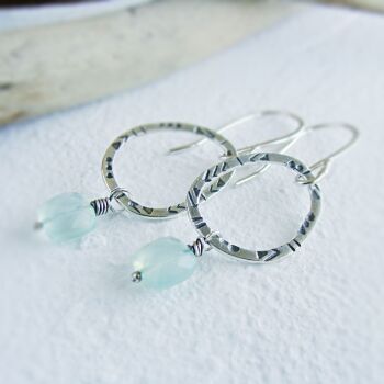 Tribal Stamped Sterling Silver Pebble Hoop Earrings with Prehnite Square Beads