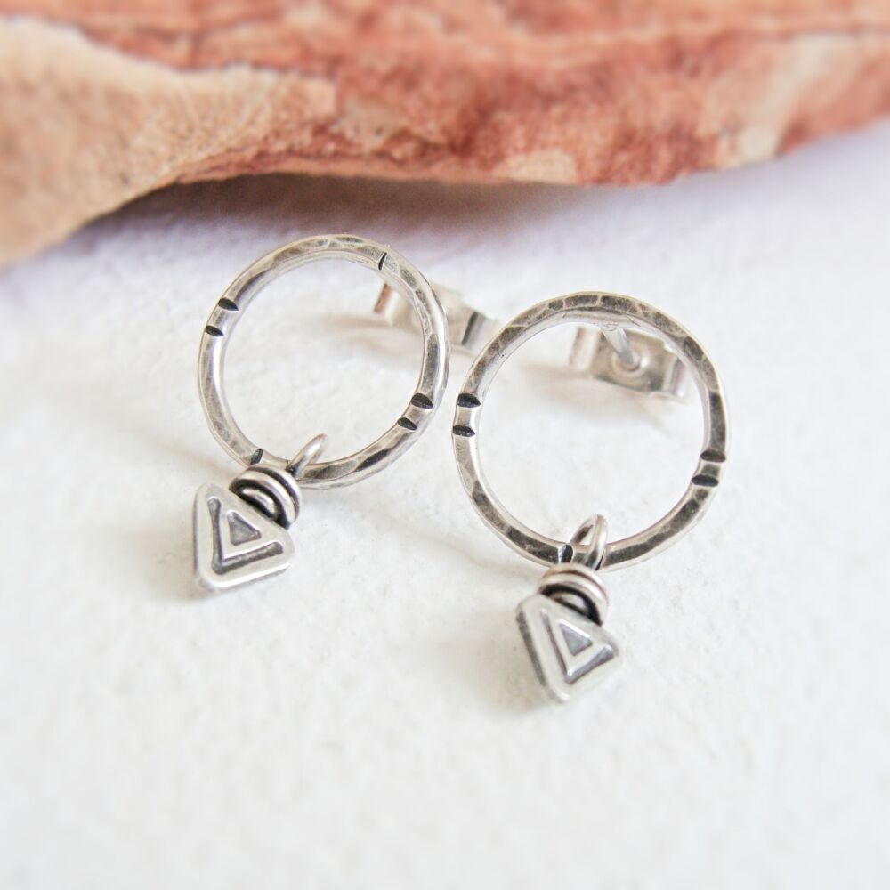 Sterling Silver Stamped Arrow Head Charm Circle Stud Earrings