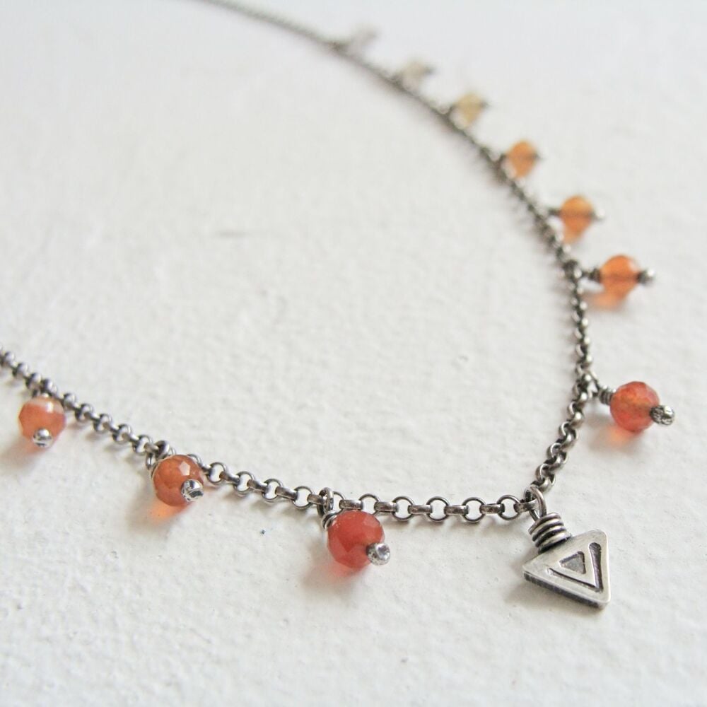 Sterling Silver Stamped Arrow Head Charm Necklace with Orange Botswanan Aga