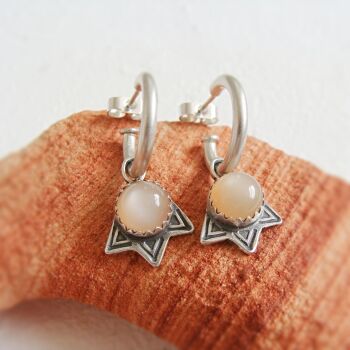 Sterling Silver Huggie Hoops with Peach Moonstone Arrowhead Charm Dangles