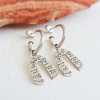 Sterling Silver Huggie Hoops with Patterned Arch Charm Dangles