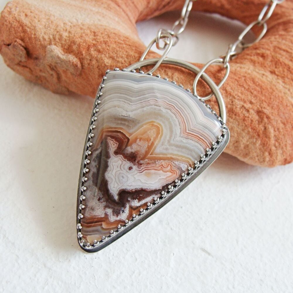 Sterling Silver Rare Noriega Lace Agate Pendant Necklace