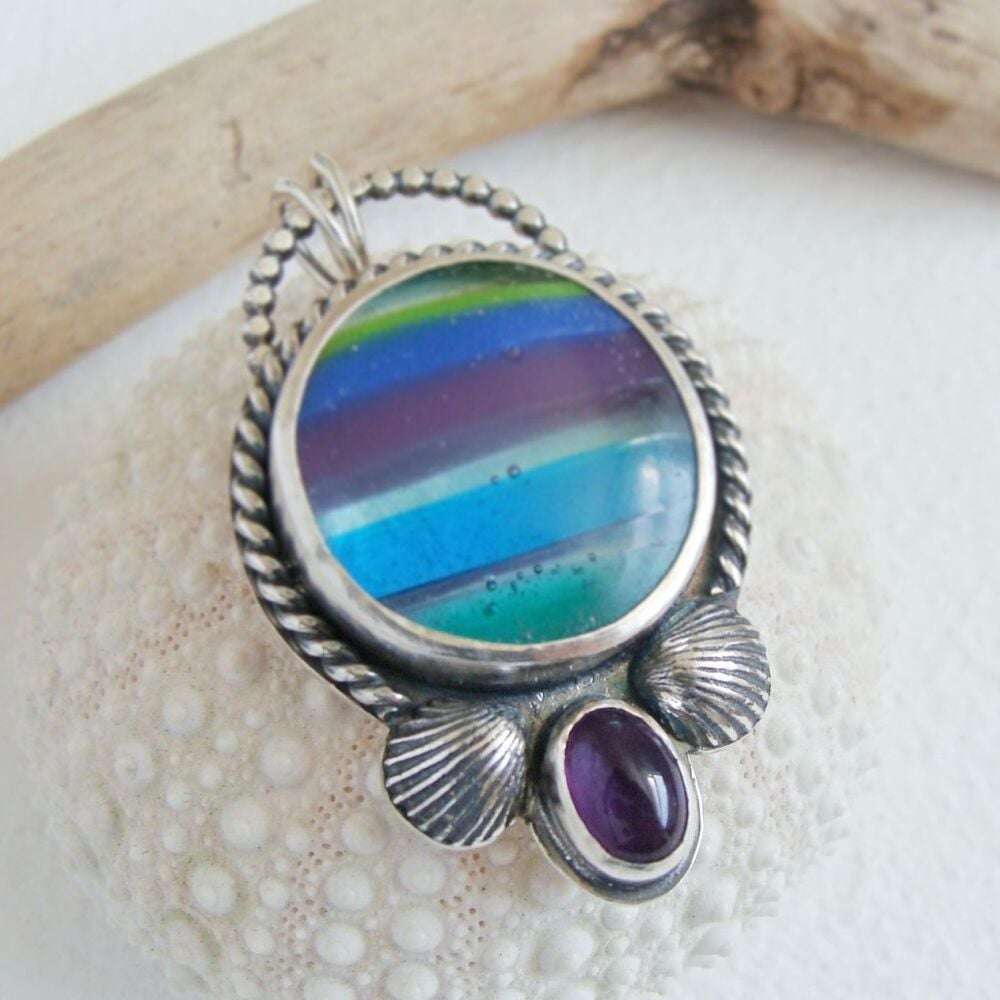 Sterling Silver Rainbow Surfite Pendant with Fine Silver Clam Shells & Amet