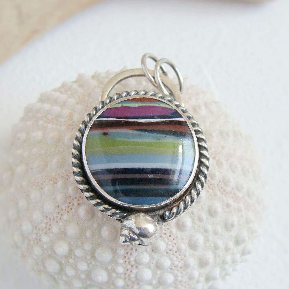 Sterling Silver Rainbow Surfite Pendant with Fine Silver Clam Shells & Amet