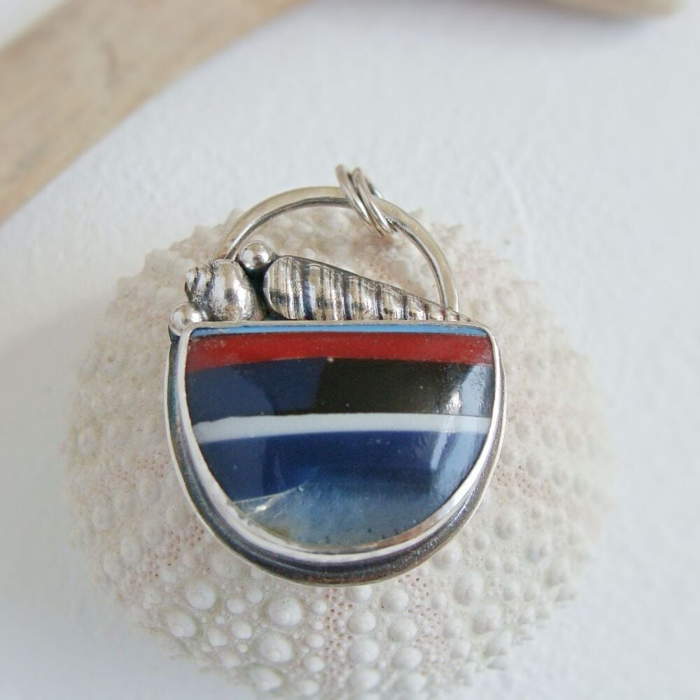 Sterling Silver Half Moon Surfite Pendant with Fine Silver Shell Details