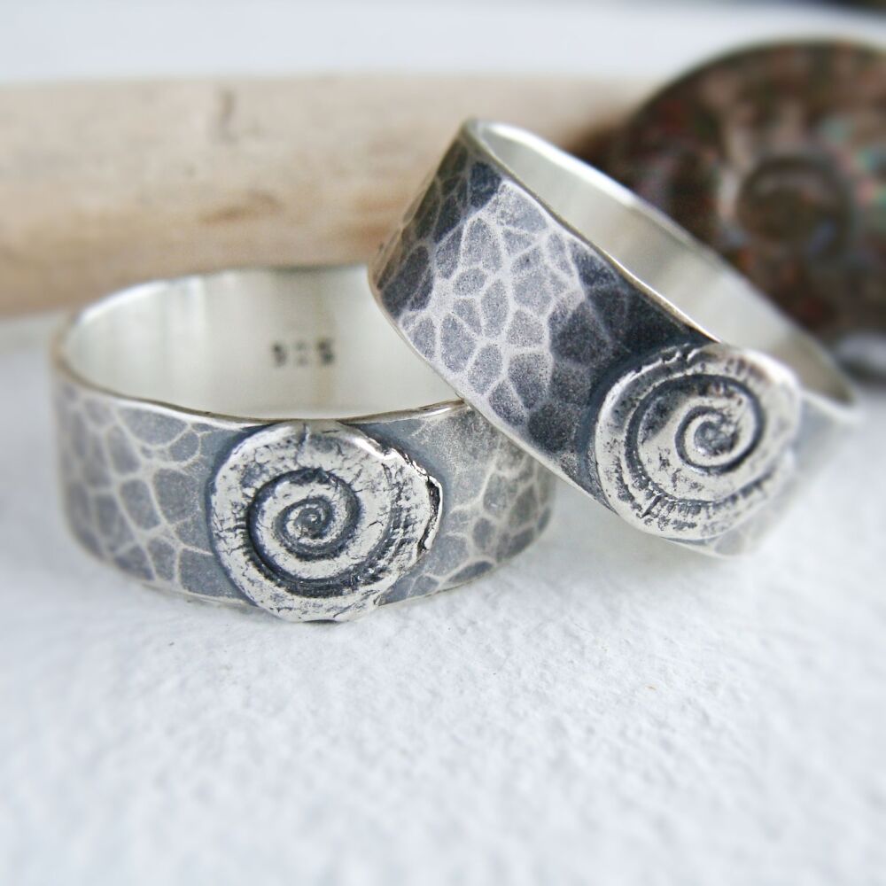 Sterling Silver Ammonite Wide Band Ring